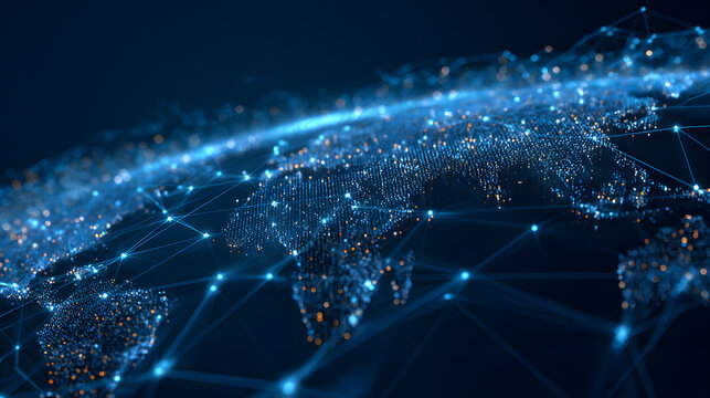Global network map with glowing AI nodes, digital grid, dark blue background, big data concept.
