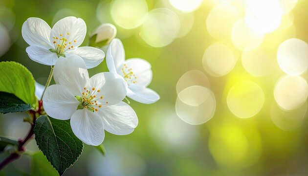 A cluster of white apple blossoms with green leaves is in sharp focus against a blurred background of sunlit bokeh. - Powered by Adobe