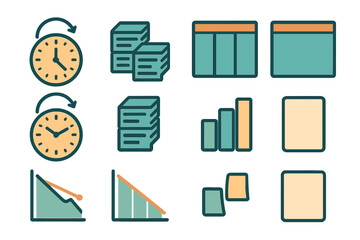 Collection of business icons representing finance, time management, and data analysis