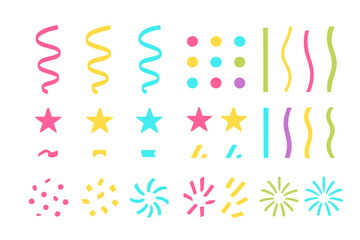 Vibrant collection of festive celebration elements including confetti, streamers, stars, and abstract shapes