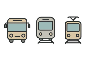 Modern flat design icons of public transportation vehicles including bus, subway, and streetcar
