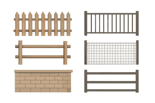 Set of various wooden, metal, and brick fences and barriers for property boundaries