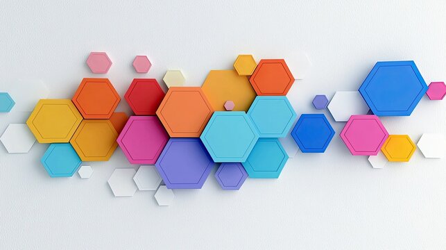 A vibrant collection of colorful, three-dimensional hexagons are arranged in an organic, flowing pattern against a textured white background.