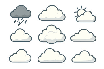 Fototapeta premium Nine weather condition icons featuring clouds, sun, rain, and storm symbols