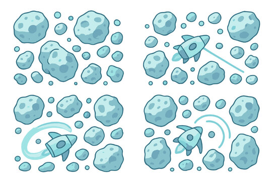 Set of cartoon space rockets navigating an asteroid field showing various actions
