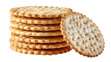 Crispy round wheat crackers stacked in a neat pile with one leaning in front showing texture isolated on white background