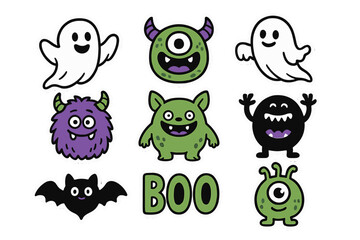 Obraz premium Funny cartoon collection of spooky Halloween characters, ghosts, bats, and colorful monsters