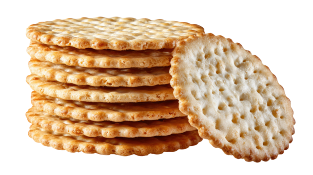 Crispy round wheat crackers stacked in a neat pile with one leaning in front showing texture isolated on white background