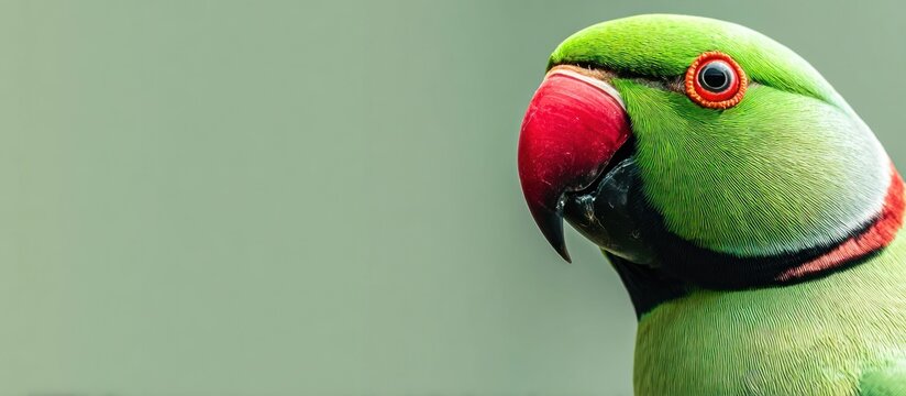 Close-up of a green parrot with a red beak.