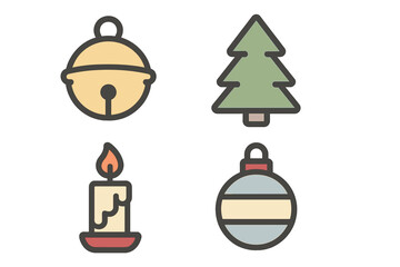 Obraz premium Minimalist holiday icons set with Christmas tree, decorative ornament, burning candle, and golden bell