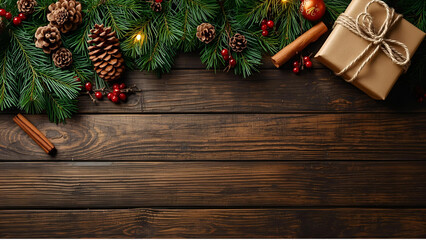 Christmas cozy background with pine branches, gift box, and candles on rustic wooden board.