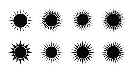 Black and white sun icons in varying styles and sizes displayed