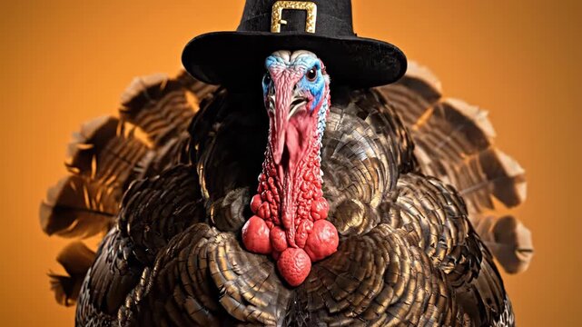 A funny thanksgiving turkey wearing a pilgrim hat with an orange background in a studio shot for the holiday season happy thanksgiving