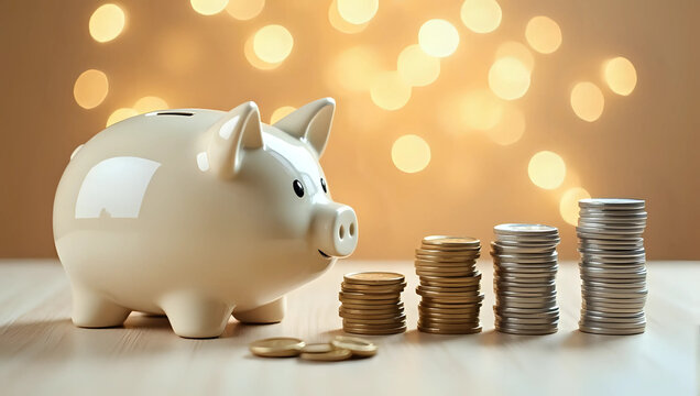 A piggy bank, stacked of gold and silver coins, festive lights - holiday savings, budget, investment, business growth, future financial planning, Christmas celebration 
