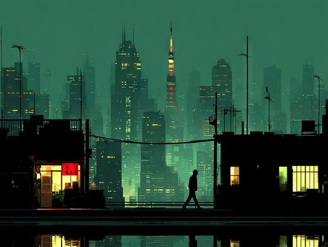 Silhouette of a Lone Walker Crossing Rooftops Against a Teal Futuristic City Skyline Filled with Towers, Antennas, and Distant Neon Windows