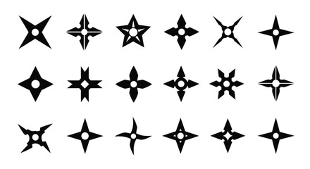 Collection of various black star and cross shaped geometric symbols