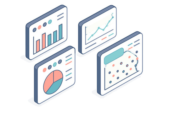 Isometric data visualization screens showing bar charts, line graphs, pie charts, and scatter plots for business analysis