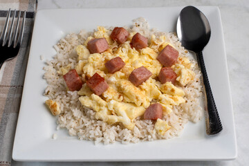 rice  with scramble eggs and  pan sheared  spam