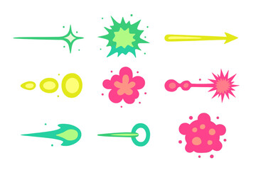 Vibrant cartoon comic book special effects set with laser beams, explosions, and speed lines