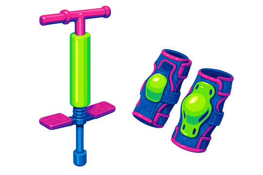 Vibrant neon pogo stick and protective pads set for jumping and extreme sports