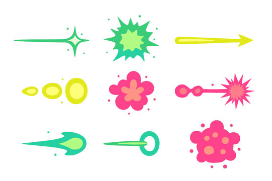 Vibrant cartoon comic book special effects set with laser beams, explosions, and speed lines