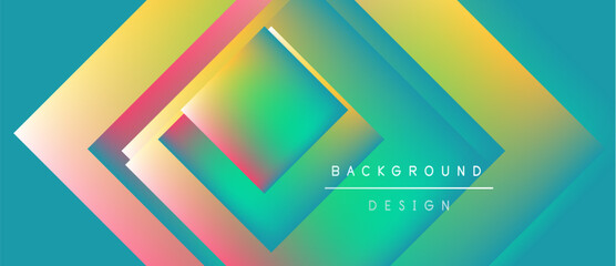 Abstract geometric shapes overlap, creating vibrant color gradients. Design features turquoise, yellow, pink hues. Minimalist text present.