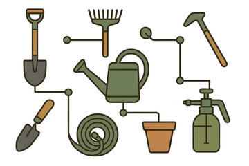 Essential gardening tools and equipment set including shovel, rake, and watering can