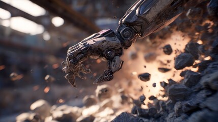 Cybernetic hand destroying rocks