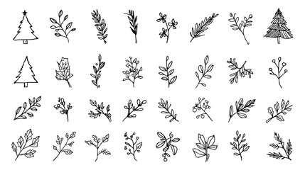 Hand Drawn Christmas and Winter Elements Trees Wreaths and Branches in a Simple Black and White...