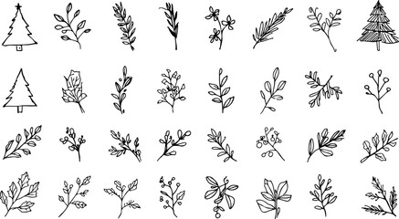 Hand Drawn Christmas and Winter Elements Trees Wreaths and Branches in a Simple Black and White Style