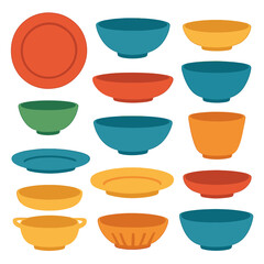 Colorful assortment of ceramic bowls and serving plates for kitchen tableware