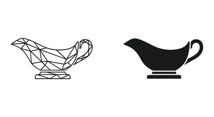 Stylish geometric outline and solid silhouette vector icons depicting elegant gravy boats for kitchen and dining