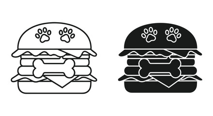 Dog food burger icon with paw prints and bone, line art and glyph styles, pet meal concept vector illustration on white