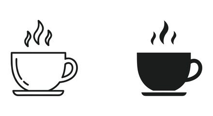 Steaming hot coffee cup icons: minimal outline and solid silhouette vector illustrations for web design