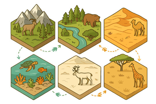 Six isometric hexagonal tiles showing diverse global biomes and wildlife habitats connected by arrows