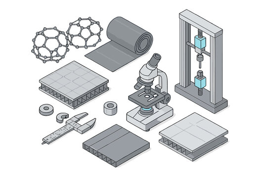 Advanced materials science research tools including microscope, testing machine, calipers, and composite structures