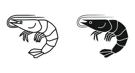 Shrimp outline and solid icon set. minimalist seafood crustacean vector illustration for culinary design projects.