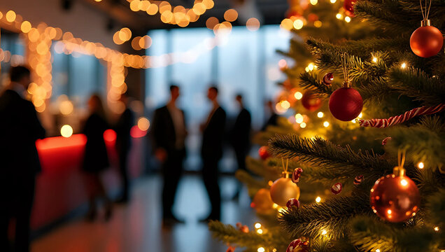  A glowing decorated christmas tree, ornaments, indoor holiday party, people, festive lights - business, meeting, seminar, conference, corporate social event, networking, gathering, celebration