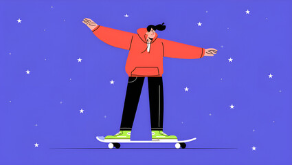 Young person enjoying a ride on a skateboard in a stylized starry night background, Generative AI