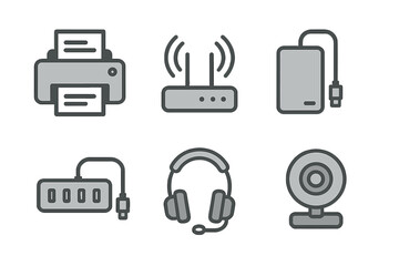 Gray outline icons of computer peripherals and networking hardware
