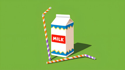 A carton of milk with striped straws on a green background, representing a healthy and refreshing beverage choice, Generative AI