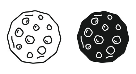 Hand drawn black and white doodle style chocolate chip cookie or asteroid simple illustration graphic icon.