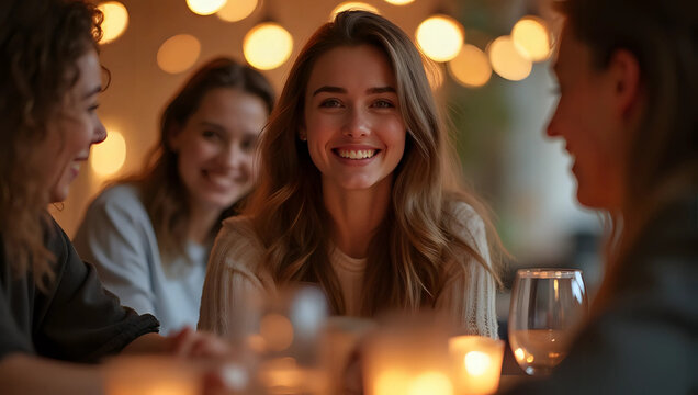 Portrait of happy young woman smiling with friends, dinner party, with warm lights, candlelight - business, friendship, social gathering, event, meeting, Christmas New Year eve celebration
