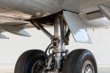 Aircraft landing gear with hydraulic system and wheels, showcasing intricate engineering details and metallic textures, emphasizing aviation technology and design innovation