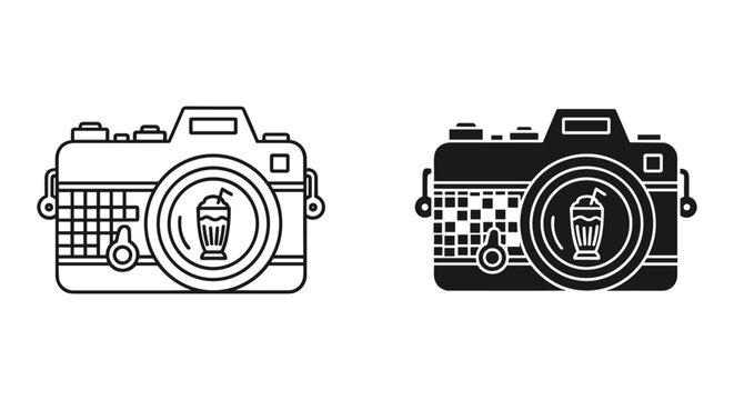 Classic camera outline and glyph icons with milkshake in lens, representing photography and sweet treats.