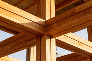 Wooden construction beams intersect at a corner, showcasing the intricate joinery and craftsmanship, with natural light highlighting the textures and patterns of the wood structure