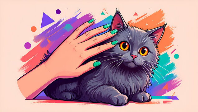 Colorful pop art illustration of a gentle hand stroking a fluffy grey cat, expressing affection and companionship, Generative AI