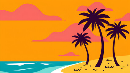 Coastal Sunset Scene Palm Trees Silhouetted Against a Vibrant Orange Sky and Sandy Shore, Generative AI
