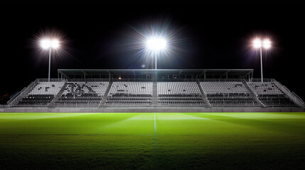 An empty soccer stadium at night, illuminated by bright floodlights. event key visuals, club posters, designed for sports event promotions and stadium branding, used by fitness trainers.
