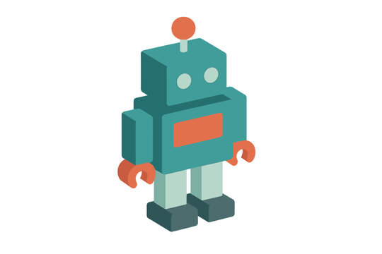 Isometric toy robot character design featuring simple geometric shapes and bright colors